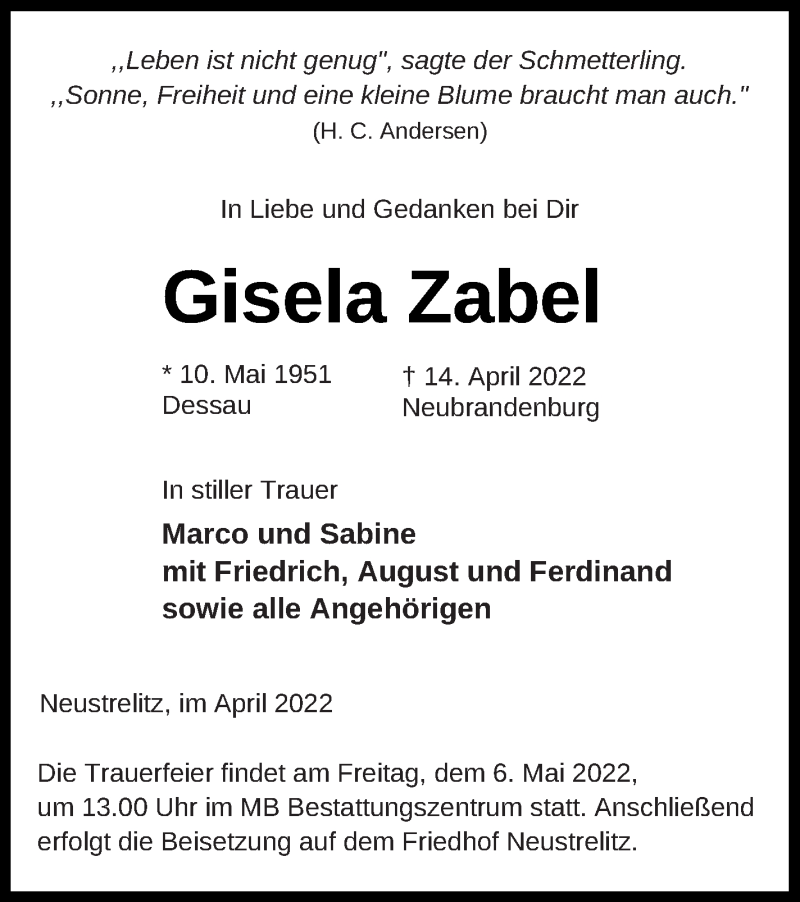  Traueranzeige für Gisela Zabel vom 30.04.2022 aus Strelitzer Zeitung