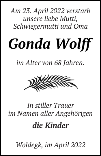 Traueranzeige von Gonda Wolff von Strelitzer Zeitung