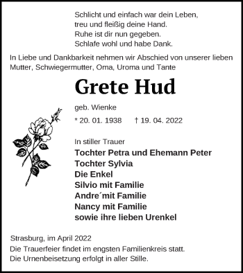 Traueranzeige von Grete Hud von Pasewalker Zeitung