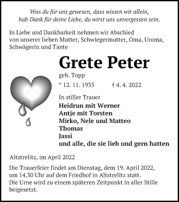 Traueranzeige von Grete Peter von Strelitzer Zeitung