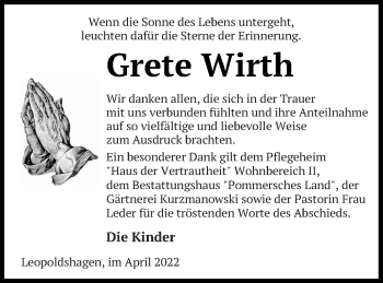 Traueranzeige von Grete Wirth von Haff-Zeitung