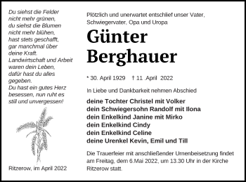 Traueranzeige von Günter Berghauer von Mecklenburger Schweiz