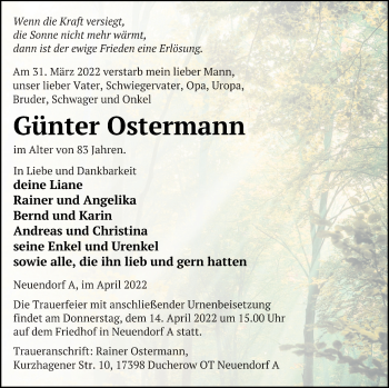 Traueranzeige von Günter Ostermann von Vorpommern Kurier