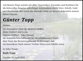 Traueranzeige von Günter Topp von Templiner Zeitung