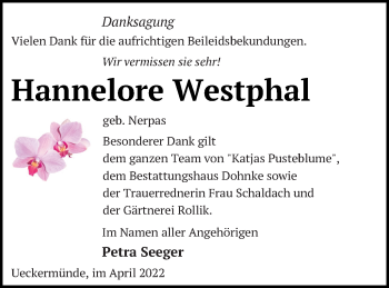 Traueranzeige von Hannelore Westphal von Haff-Zeitung
