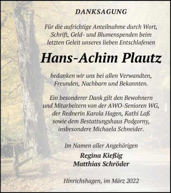 Traueranzeige von Hans-Achim Plautz von Strelitzer Zeitung