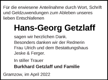 Traueranzeige von Hans-Georg Getzlaff von Prenzlauer Zeitung