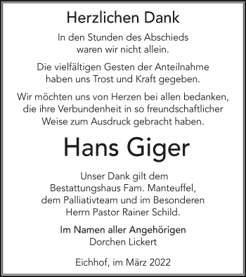 Traueranzeige von Hans Giger von Haff-Zeitung