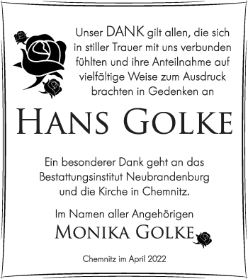 Traueranzeige von Hans Golke von Neubrandenburger Zeitung