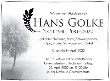 Traueranzeige von Hans Golke von Neubrandenburger Zeitung