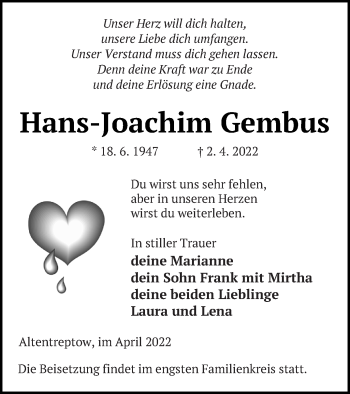 Traueranzeige von Hans-Joachim Gembus von Neubrandenburger Zeitung