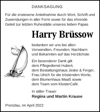 Traueranzeige von Harry Brüssow von Prenzlauer Zeitung