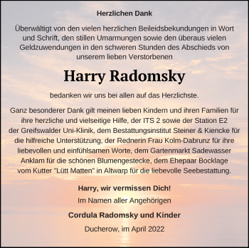 Traueranzeige von Harry Radomsky von Vorpommern Kurier