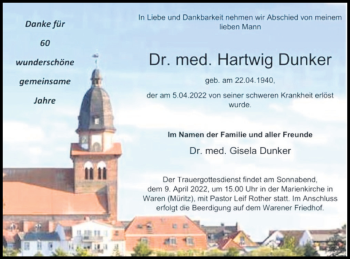 Traueranzeige von Hartwig Dunker von Müritz-Zeitung