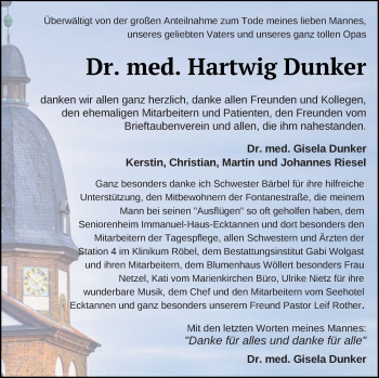 Traueranzeige von Hartwig Dunker von Müritz-Zeitung