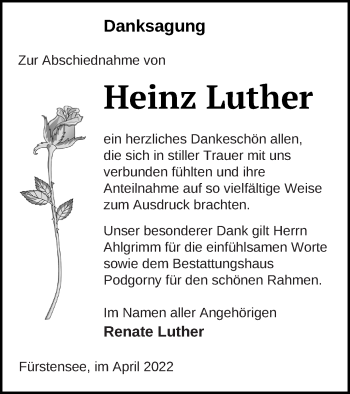 Traueranzeige von Heinz Luther von Strelitzer Zeitung