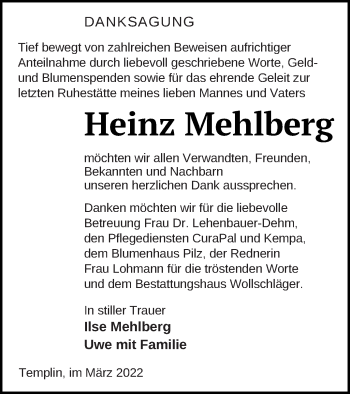 Traueranzeige von Heinz Mehlberg von Templiner Zeitung