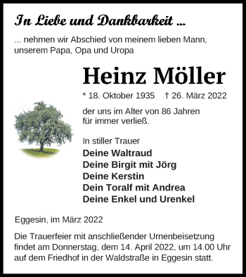 Traueranzeige von Heinz Möller von Haff-Zeitung