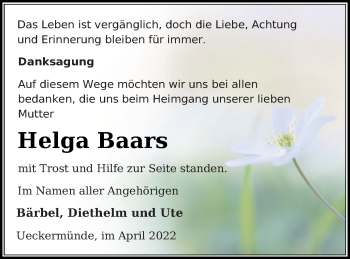 Traueranzeige von Helga Baars von Haff-Zeitung