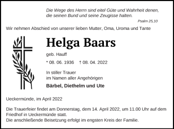 Traueranzeige von Helga Baars von Haff-Zeitung