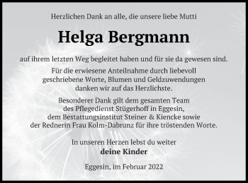 Traueranzeige von Helga Bergmann von Haff-Zeitung