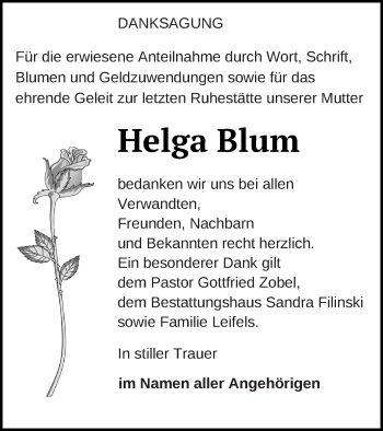 Traueranzeige von Helga Blum von Neubrandenburger Zeitung