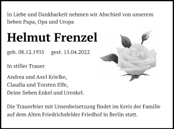 Traueranzeige von Helmut Frenzel von Prenzlauer Zeitung