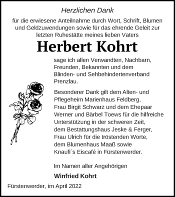 Traueranzeige von Herbert Kohrt von Prenzlauer Zeitung