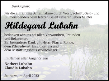 Traueranzeige von Hildegard Lubahn von Templiner Zeitung