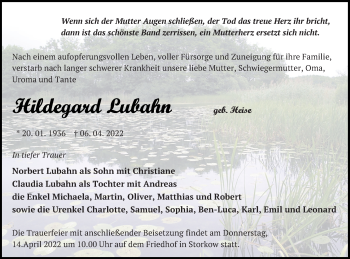 Traueranzeige von Hildegard Lubahn von Templiner Zeitung