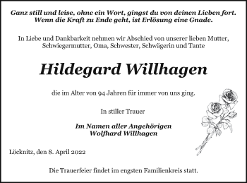 Traueranzeige von Hildegard Willhagen von Pasewalker Zeitung