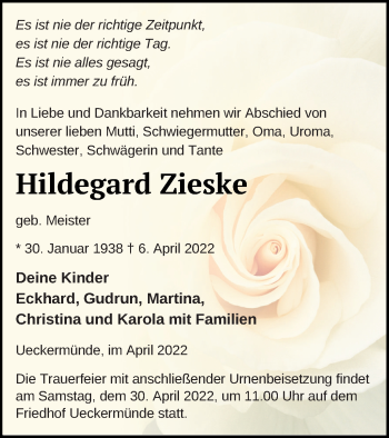 Traueranzeige von Hildegard Zieske von Haff-Zeitung