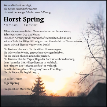 Traueranzeige von Horst Spring von Neubrandenburger Zeitung