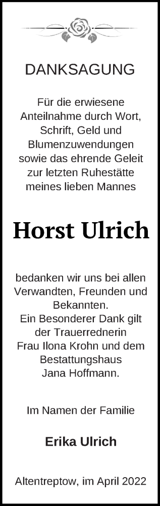 Traueranzeige von Horst Ulrich von Neubrandenburger Zeitung