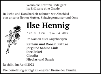 Traueranzeige von Ilse Hennig von Müritz-Zeitung