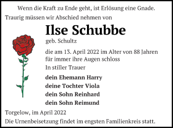 Traueranzeige von Ilse Schubbe von Haff-Zeitung