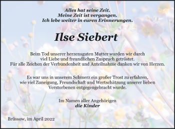 Traueranzeige von Ilse Siebert von Pasewalker Zeitung