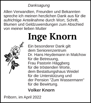 Traueranzeige von Inge Knorn von Müritz-Zeitung