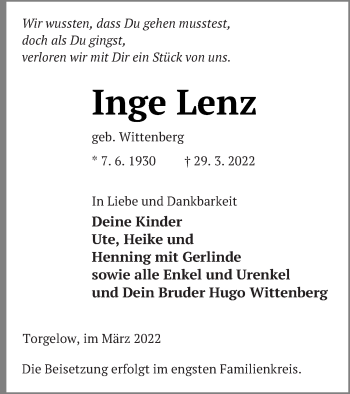 Traueranzeige von Inge Lenz von Haff-Zeitung