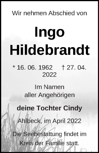 Traueranzeige von Ingo Hildebrandt von Haff-Zeitung