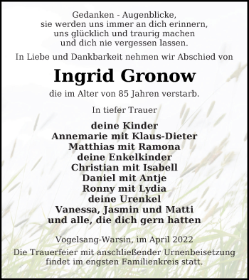 Traueranzeige von Ingrid Gronow von Haff-Zeitung