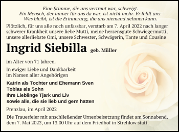 Traueranzeige von Ingrid Siebilla von Prenzlauer Zeitung