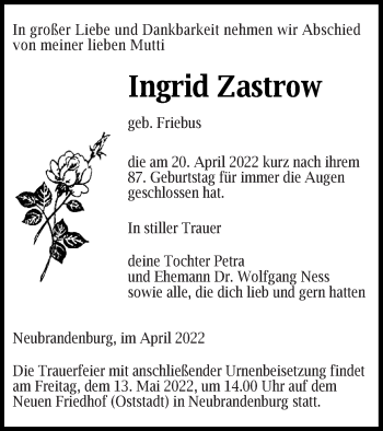 Traueranzeige von Ingrid Zastrow von Neubrandenburger Zeitung