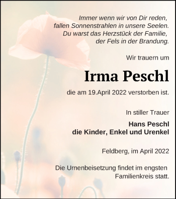 Traueranzeige von Irma Peschl von Strelitzer Zeitung