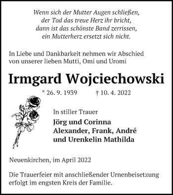 Traueranzeige von Irmgard  Wojciechowski von Neubrandenburger Zeitung