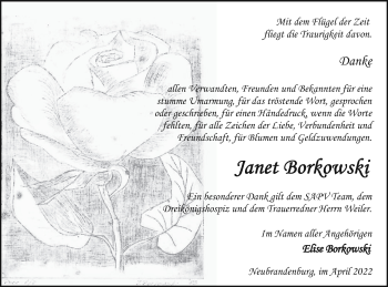 Traueranzeige von Janet Borkowski von Neubrandenburger Zeitung