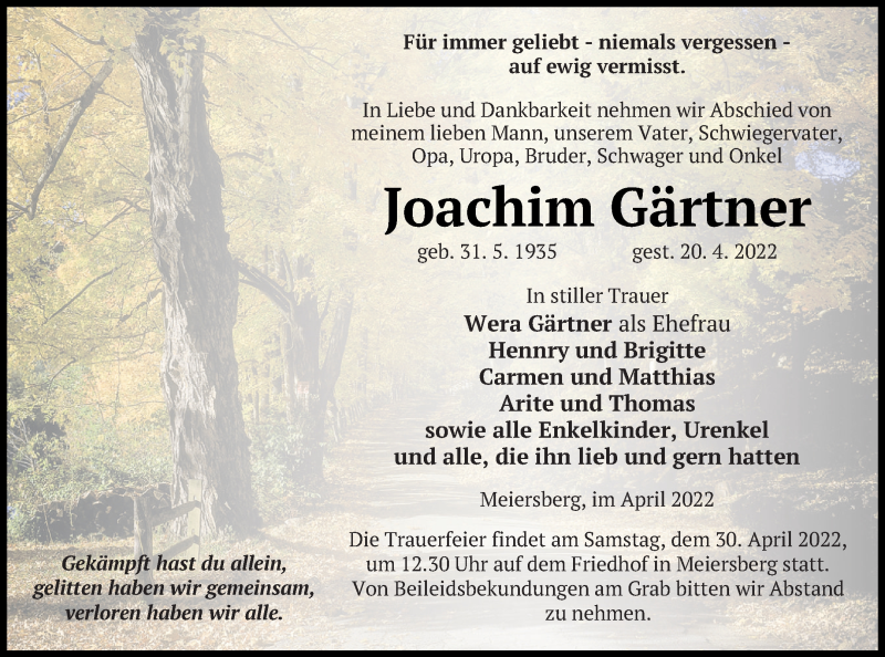  Traueranzeige für Joachim Gärtner vom 26.04.2022 aus Haff-Zeitung