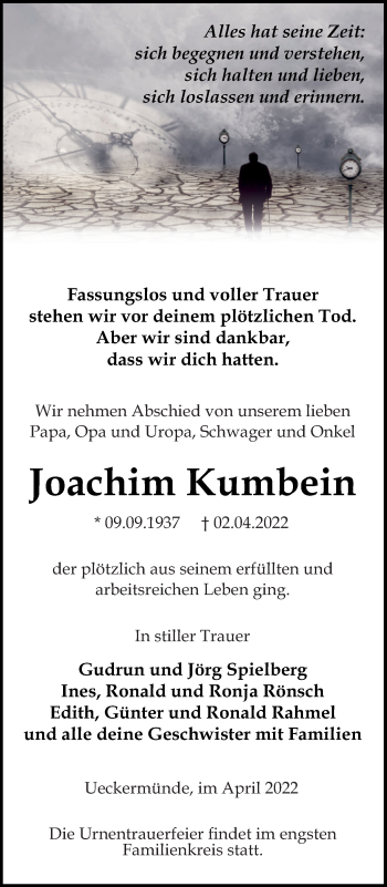 Traueranzeige von Joachim Kumbein von Haff-Zeitung