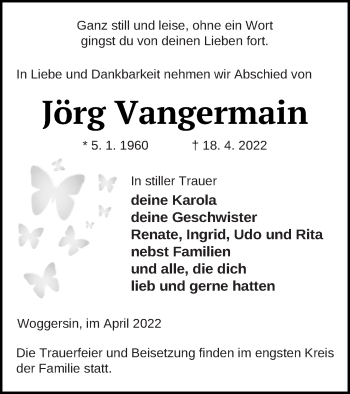 Traueranzeige von Jörg Vangermain von Neubrandenburger Zeitung