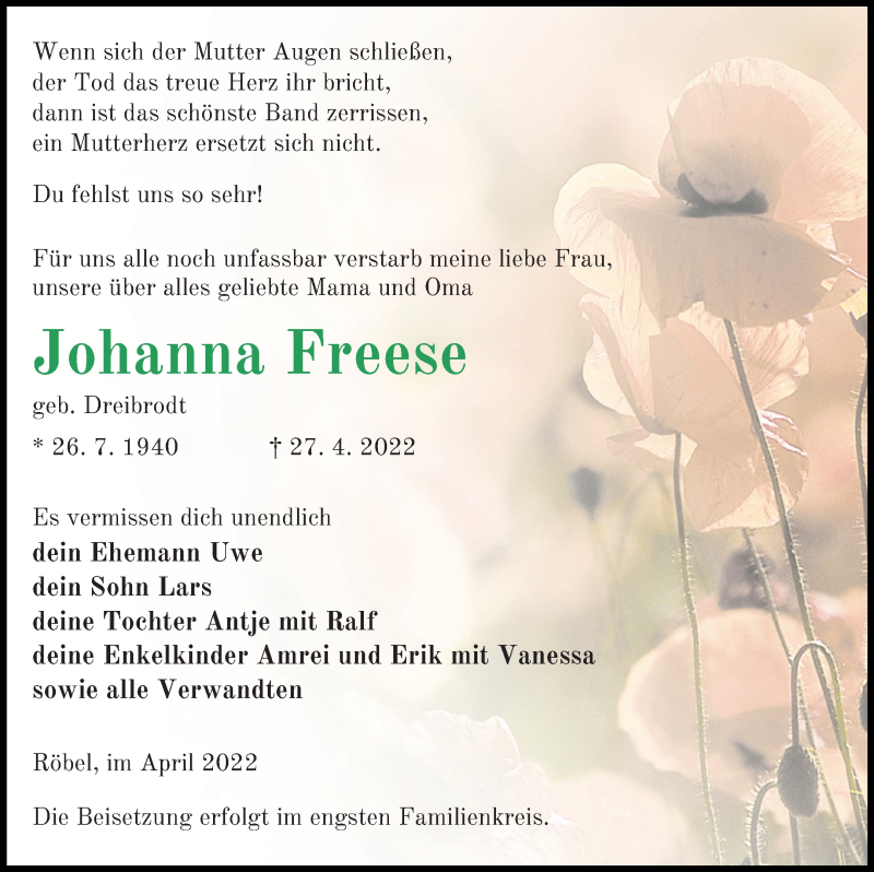 Traueranzeige für Johanna Freese vom 30.04.2022 aus Müritz-Zeitung